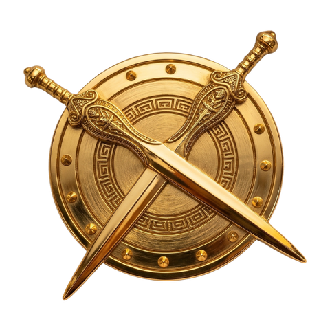 Bordado do escudo e espadas de Aquiles