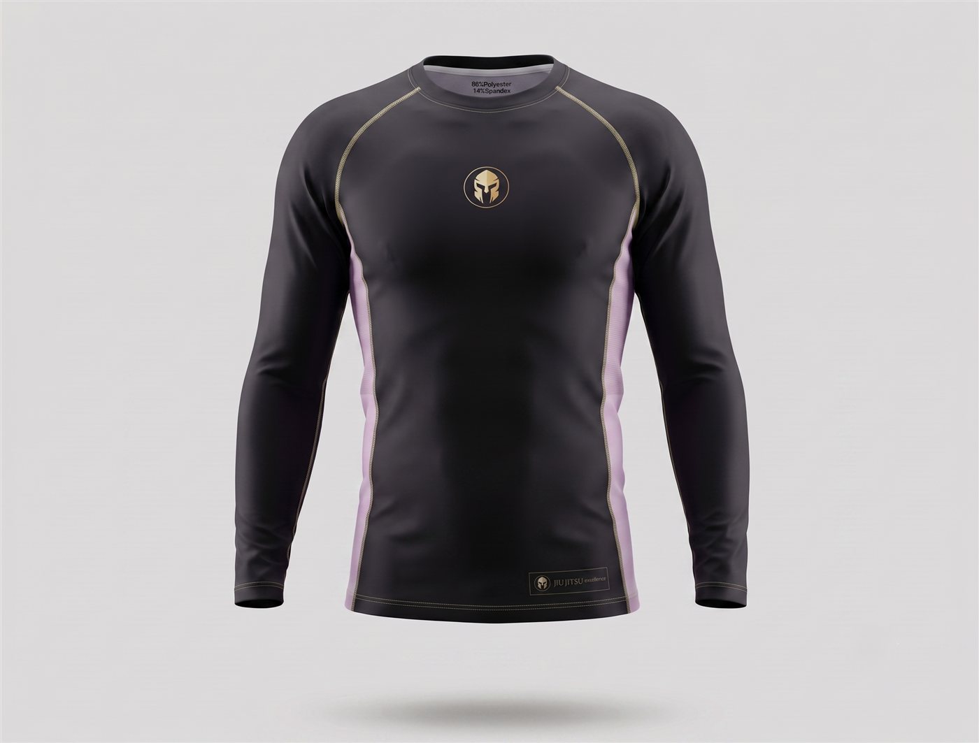 Rashguard AURUM Excellence preta com detalhes rosa e dourado