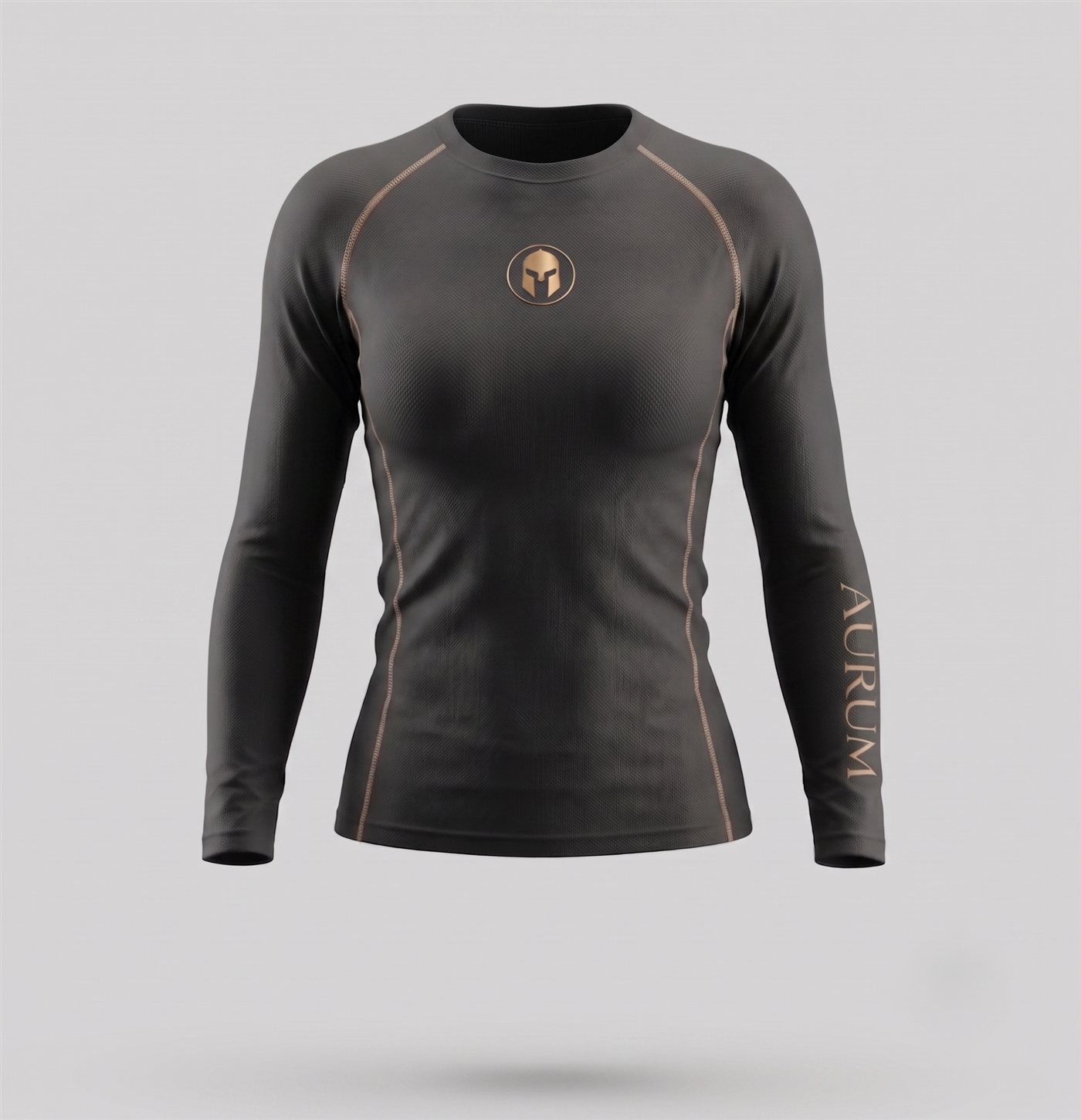 Rashguard AURUM Excellence preta feminina manga longa — logo e AURUM dourados