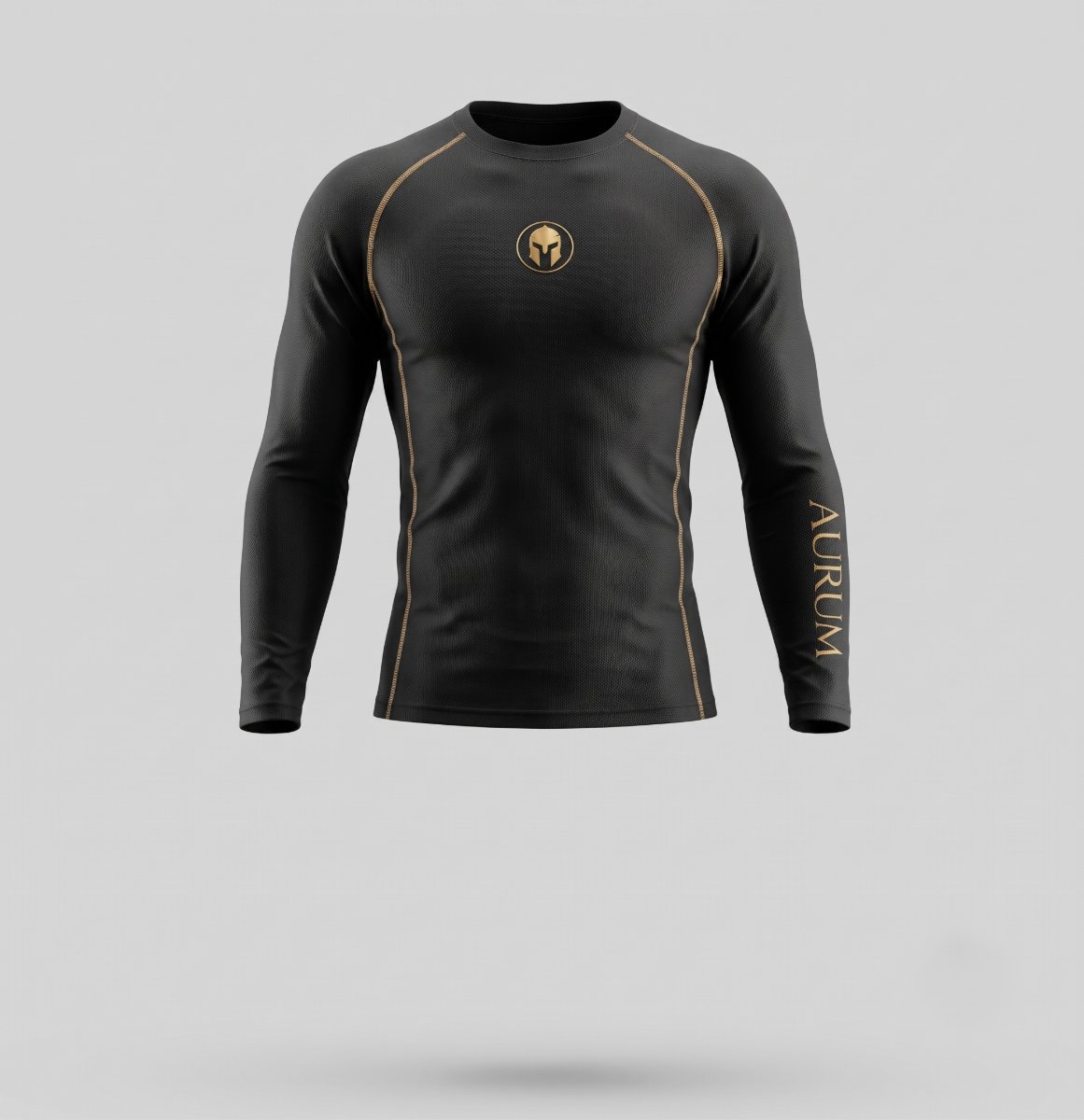 Rashguard AURUM Excellence preta manga longa — logo e AURUM dourados
