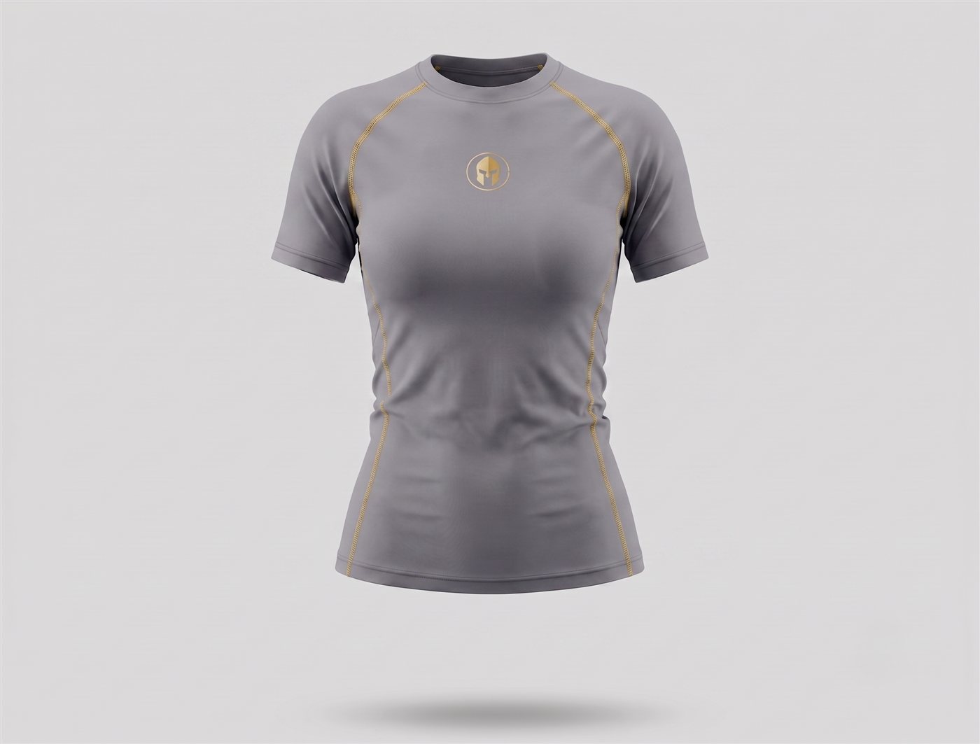 Rashguard AURUM Excellence cinza feminina — logo e AURUM dourados