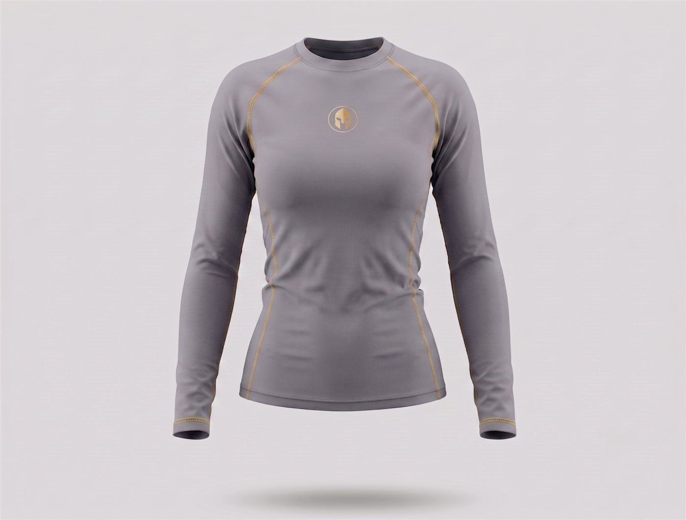 Rashguard AURUM Excellence cinza feminina manga longa — logo e AURUM dourados