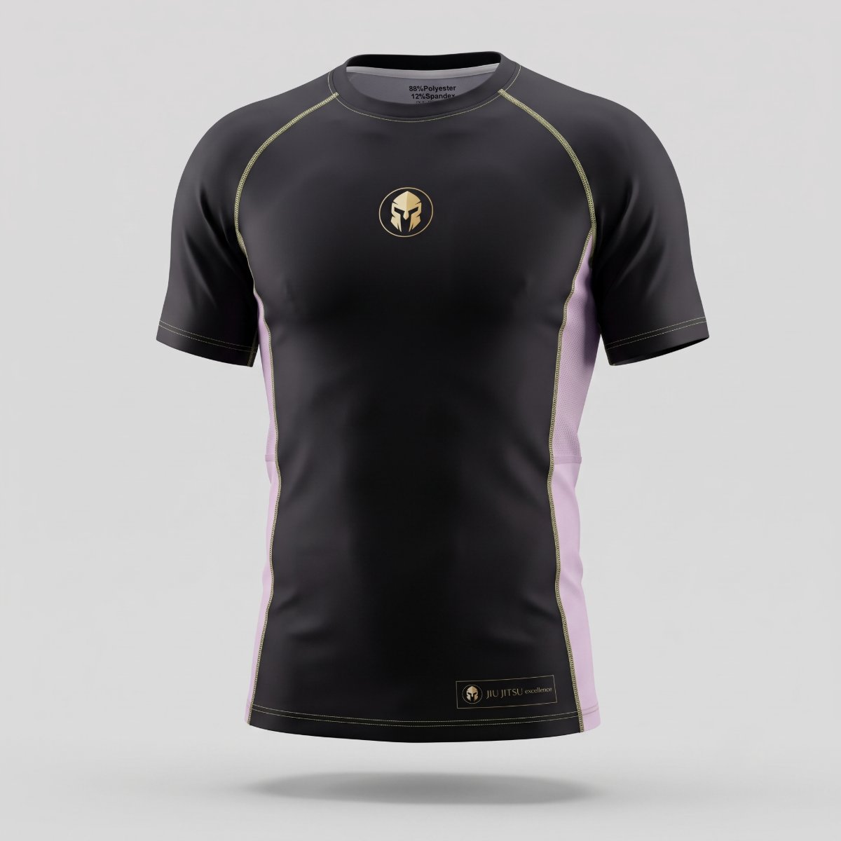 Rashguard AURUM Excellence preta com detalhes rosa e dourado — manga curta