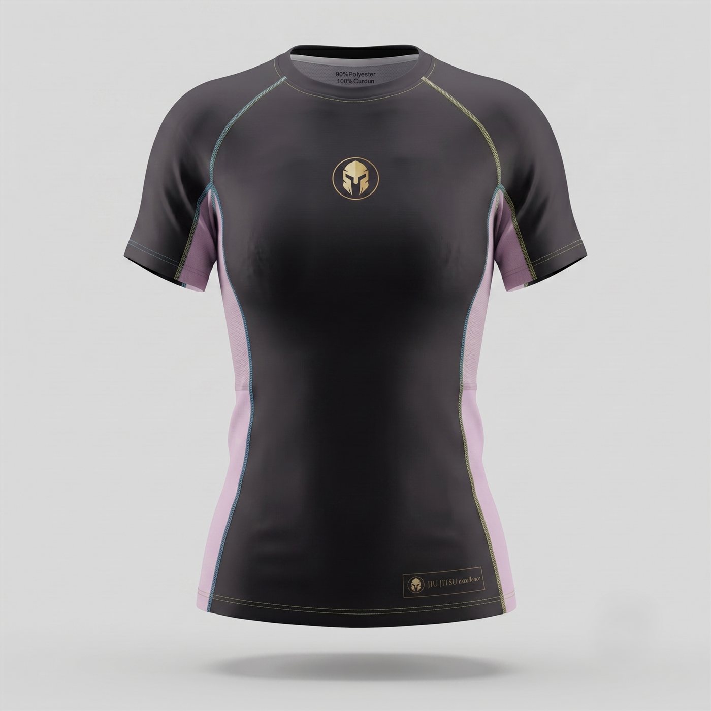 Rashguard AURUM Excellence preta com detalhes rosa e dourado — feminina manga curta