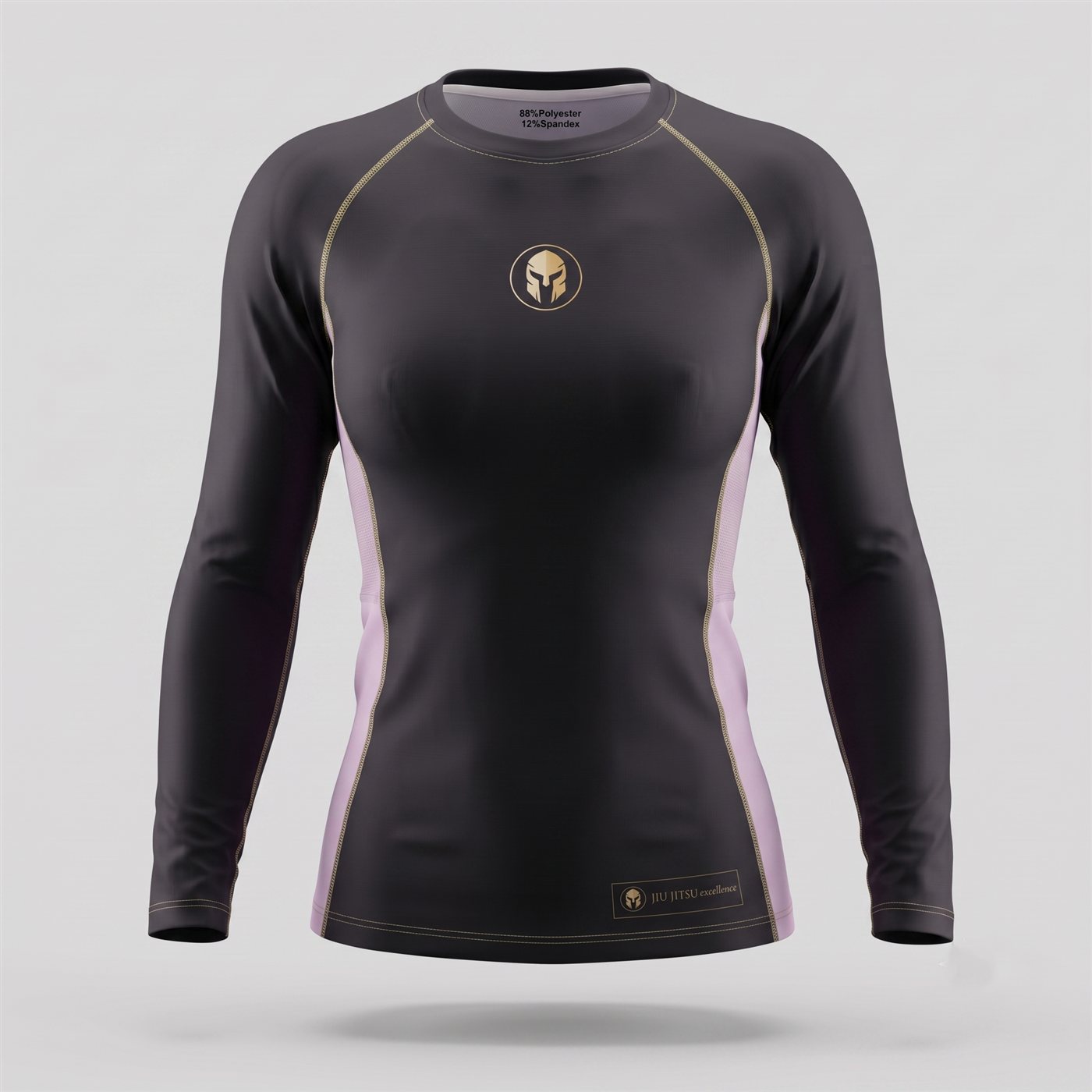 Rashguard AURUM Excellence preta com detalhes rosa e dourado — feminina manga longa