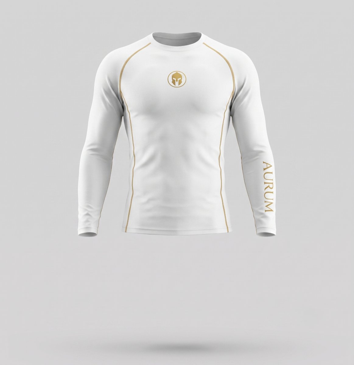Rashguard AURUM Excellence branca manga longa — logo e AURUM dourados