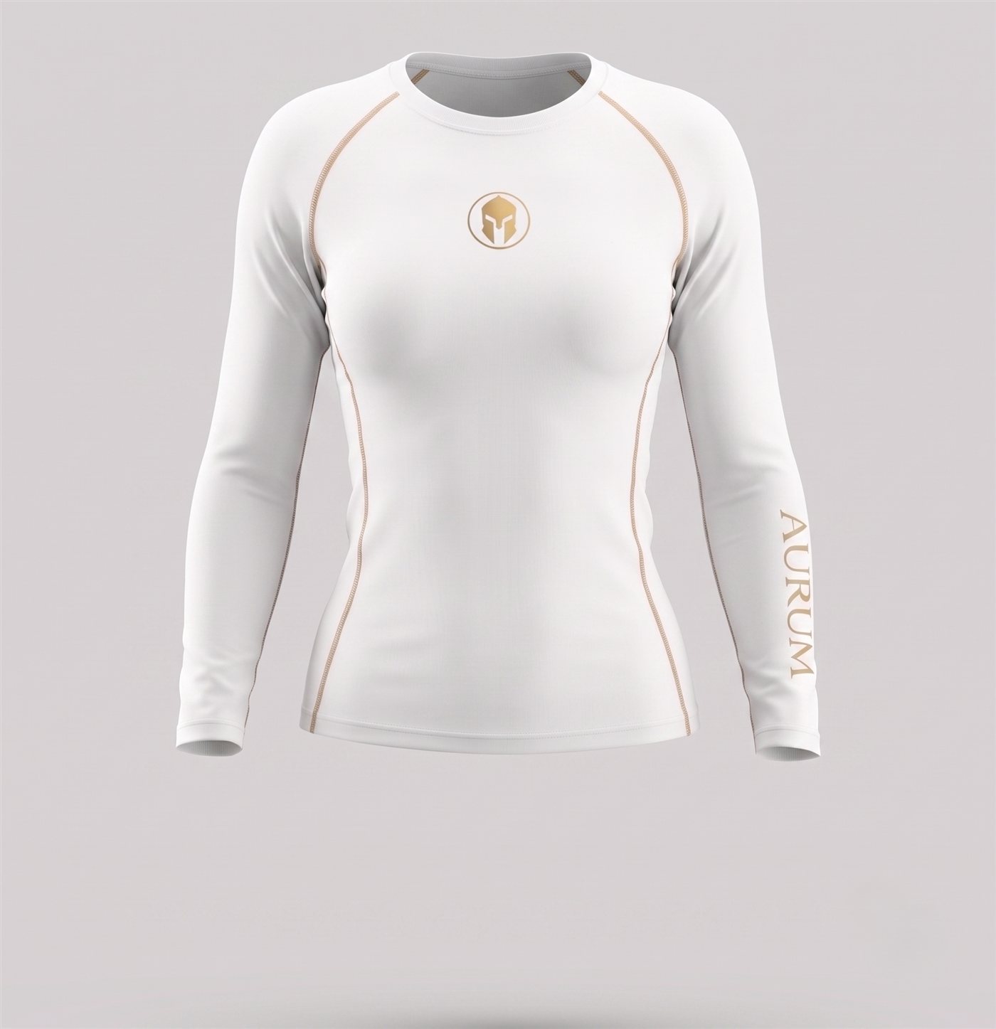 Rashguard AURUM Excellence branca feminina manga longa — logo e AURUM dourados